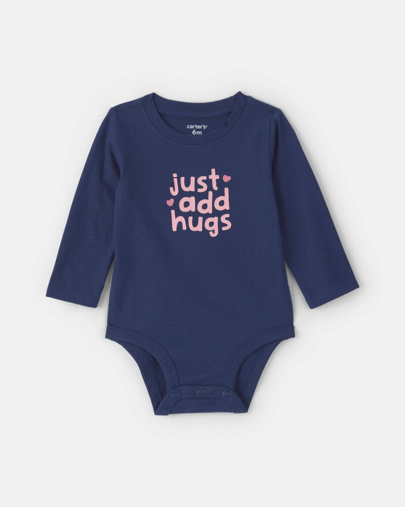 Baby Girl 'Just Add Hugs' Long-Sleeve Graphic Bodysuit - Navy Blue, image 1 of 3 slides