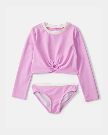 Girls 2-Piece Solid Long-Sleeve Rashguard Swimsuit Set - Pink, 