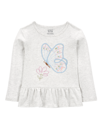 Toddler Butterfly Jersey Long-Sleeve Peplum Top - Grey, 