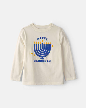 Jeune - T-shirt manches longues &agrave; imprim&eacute; &laquo;Happy Hanukkah&raquo; et Menorah - Cr&egrave;me, 