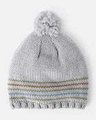 Boys Striped Pom Winter Hat - Grey, image 1 of 3 slides