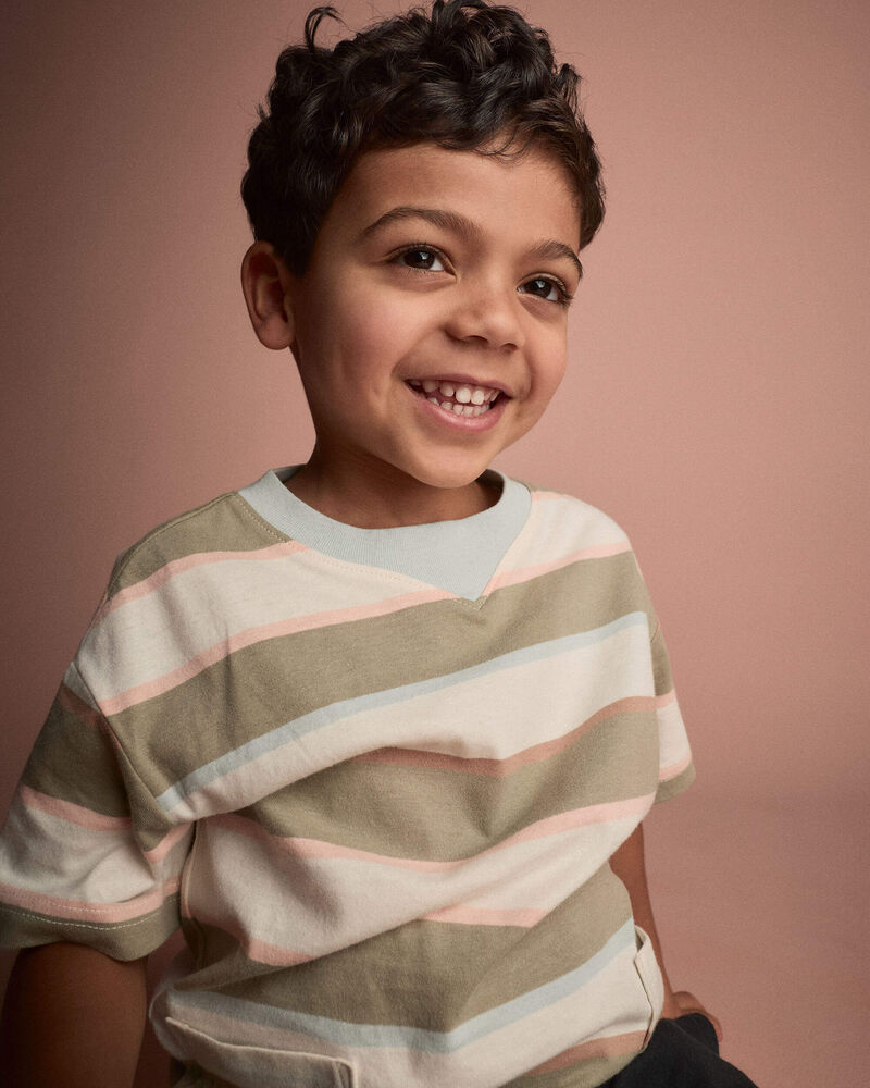 Toddler Boy Otter Pocket Tee in Stripes - Cream/Light Blue, image 1 of 5 slides