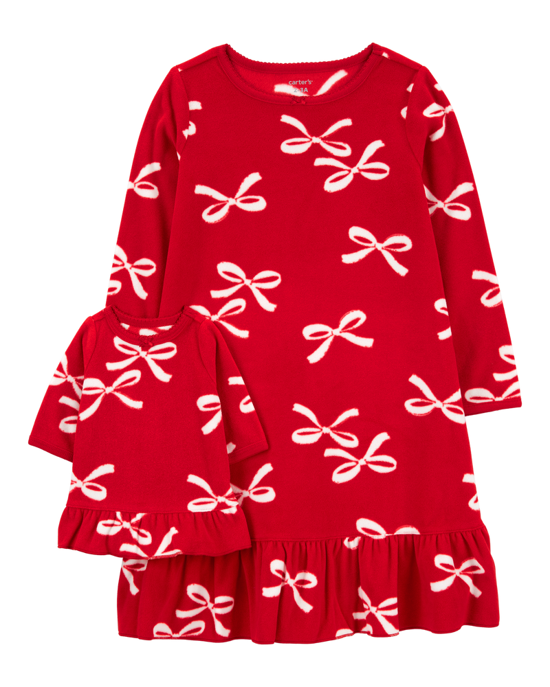 2-Piece Bow Print Fleece Nightgown & Doll Nightgown Set, image 1 of 3 slides