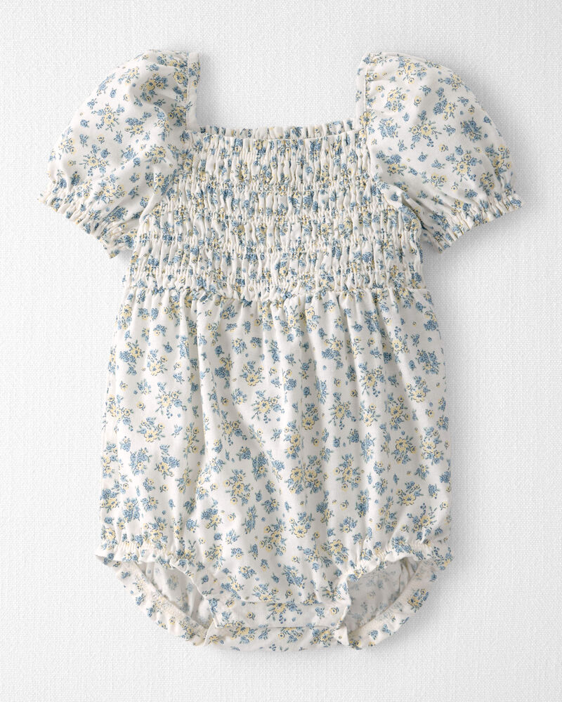 Baby Girl Linen Romper Made with Organic Cotton in Spring Bloom, image 1 of 4 slides