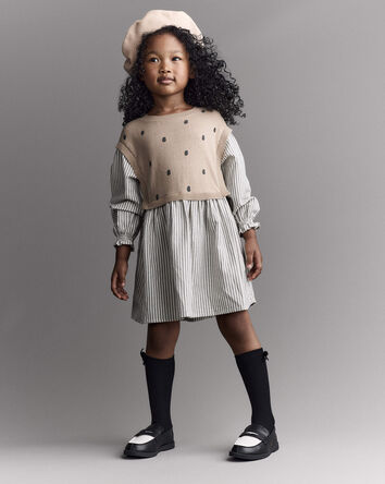Toddler Girl Polka Dot Layered Sweater Long-Sleeve Dress - Brown/Cream, 