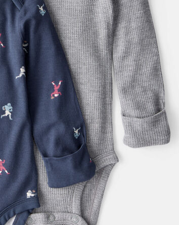 Baby Boy 2-Piece Football Print PurelySoft Long-Sleeve Multipack Bodysuits - Navy/Grey, 