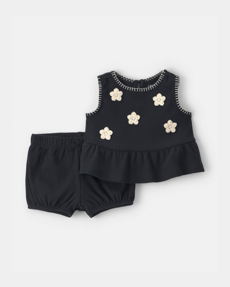 B&eacute;b&eacute; fille - Ensemble 2 pi&egrave;ces haut &agrave; appliqu&eacute;s floraux et short - Noir, image 1 sur 5 diapositives