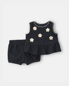 B&eacute;b&eacute; fille - Ensemble 2 pi&egrave;ces haut &agrave; appliqu&eacute;s floraux et short - Noir, image 1 sur 5 diapositives