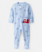 Baby Boy Firetruck Print Loose Fit 2-Way Zip 1-Piece Pyjamas - Blue, image 1 of 5 slides