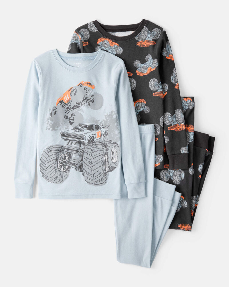 Boys Monster Truck Print 100% Cotton Long-Sleeve 4-Piece Pyjamas - Blue, image 1 of 4 slides