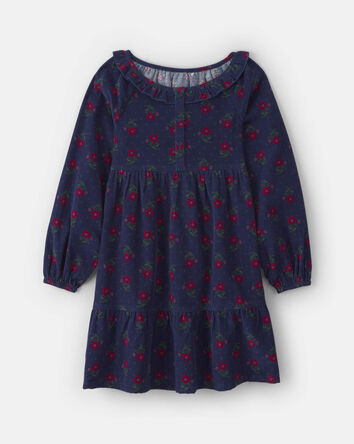Girls Floral Corduroy Long-Sleeve Dress - Navy Blue, 