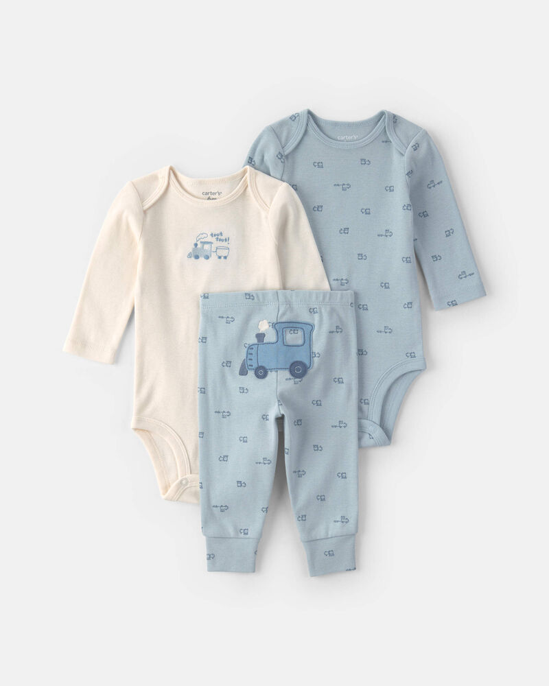 B&eacute;b&eacute; gar&ccedil;on - Ensemble 3 pi&egrave;ces cache-couches manches longues et pantalon &agrave; motif train &ndash; Bleu/Cr&egrave;me, image 1 sur 5 diapositives