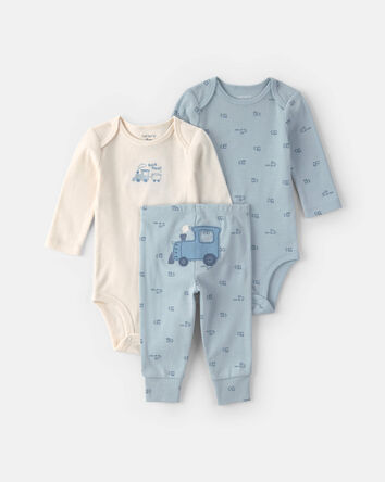 B&eacute;b&eacute; gar&ccedil;on - Ensemble 3 pi&egrave;ces cache-couches manches longues et pantalon &agrave; motif train &ndash; Bleu/Cr&egrave;me, 