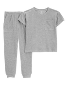 Boys Solid Loose Fit Waffle Knit 2-Piece Pyjamas - Grey, image 1 of 3 slides