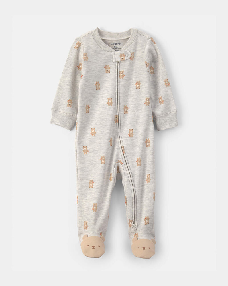 Baby Teddy Bear Cotton 2-Way Zip Sleeper - Grey, image 1 of 5 slides