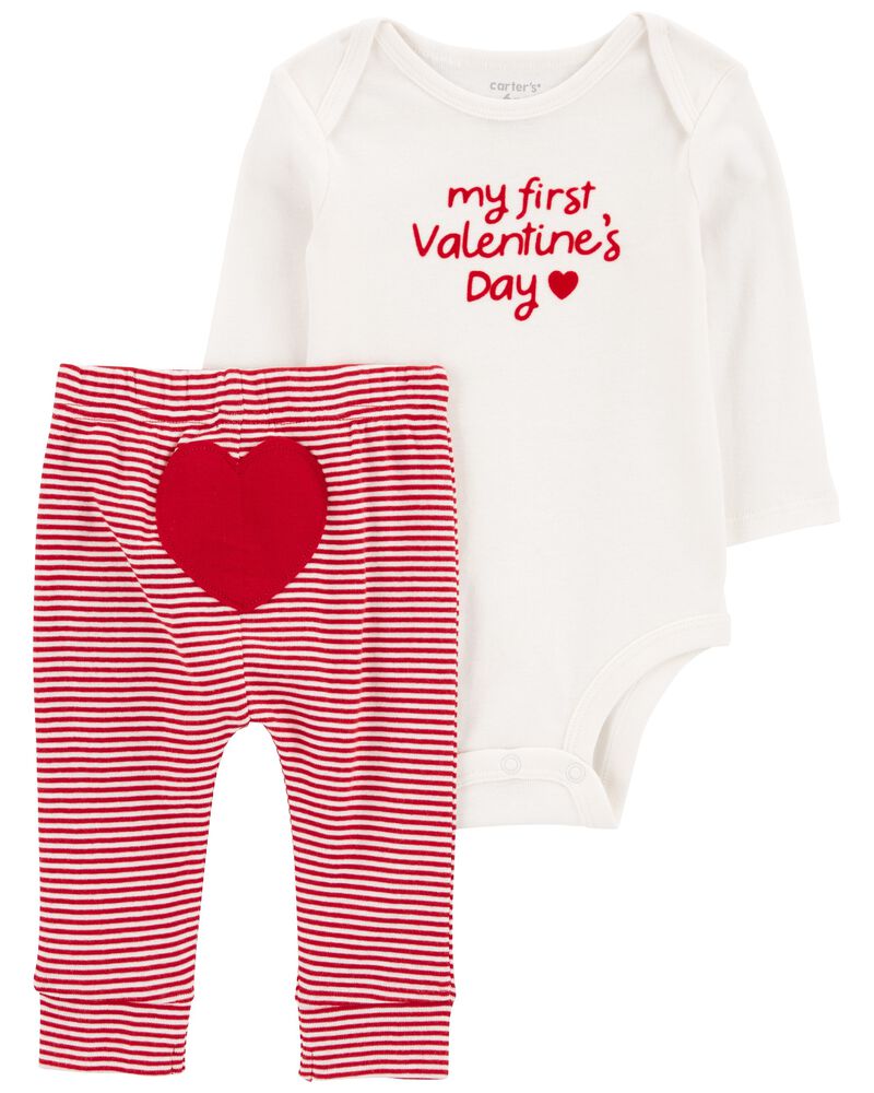 Baby My First Valentine's Day 2-Piece Long-Sleeve Bodysuit & Pant Set - Red/White, image 1 of 2 slides