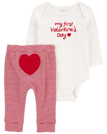 Baby My First Valentine's Day 2-Piece Long-Sleeve Bodysuit & Pant Set - Red/White, 