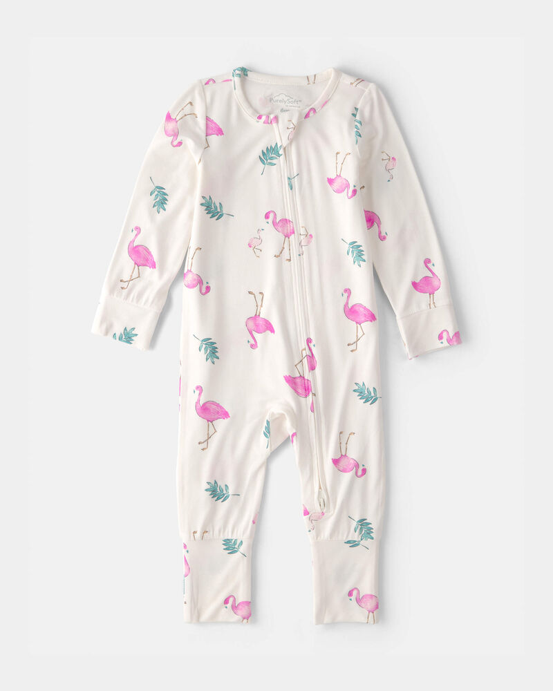 Baby Girl Flamingo PurelySoft 2-Way Zip Snug Fit Sleeper - Ivory, image 2 of 9 slides