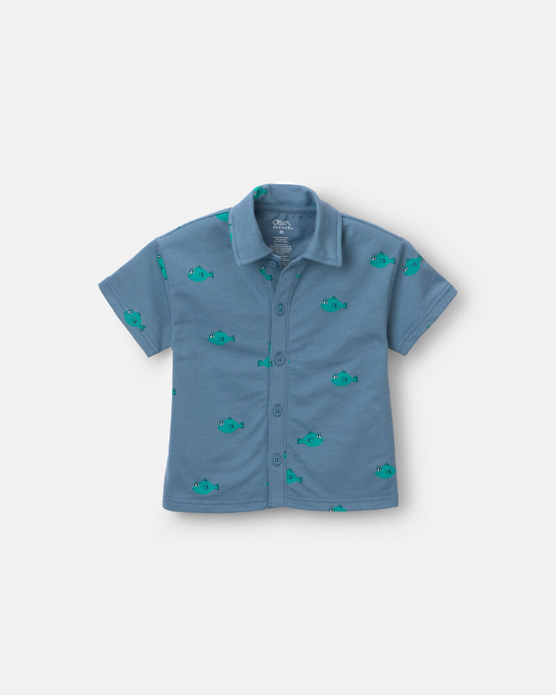 Toddler Boy Button-Down Short-Sleeve Shirt in Fish Print - Slate, image 2 of 6 slides