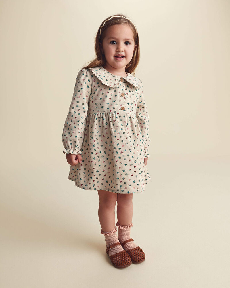 Toute-petit fille - Robe &agrave; manches longues et grand col en velours c&ocirc;tel&eacute; &agrave; motif floral - Cr&egrave;me, image 3 sur 7 diapositives