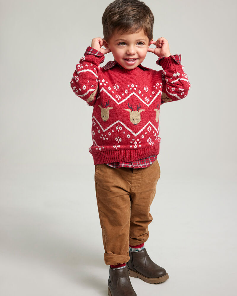 Toddler Boy Christmas Reindeer Fair Isle Cotton Long-Sleeve Sweater - Red, image 2 of 4 slides