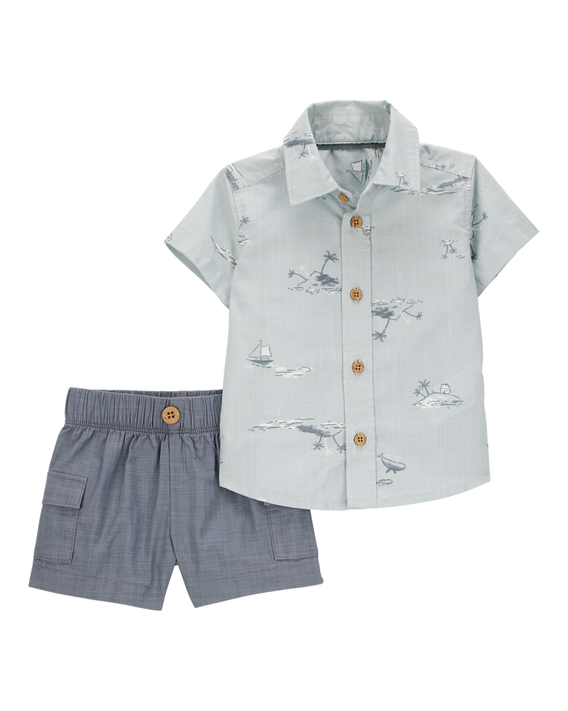Bébé Ensemble 2 pièces chemise boutonnée et short - Bleu, image 1 sur 4 diapositives