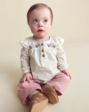 B&eacute;b&eacute; fille - Ensemble 2 pi&egrave;ces haut manches longues &agrave; motif floral et pantalon - Rose/Cr&egrave;me, 