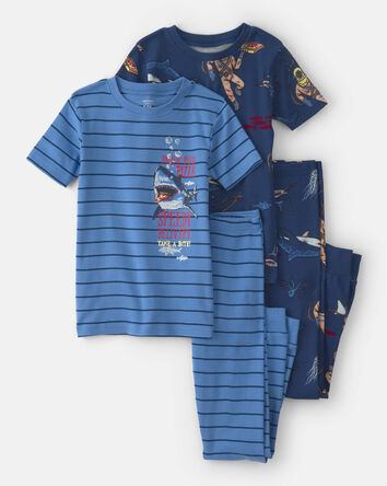 Boys Boat 100% Cotton Snug Fit 4-Piece Pyjama Set - Blue, 