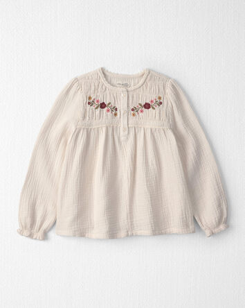 Girls Organic Cotton Embroidered Gauze Top, 