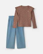 Girls 2-Piece Floral Chambray Long-Sleeve Top & Pant Set - Brown/Blue, image 1 of 5 slides