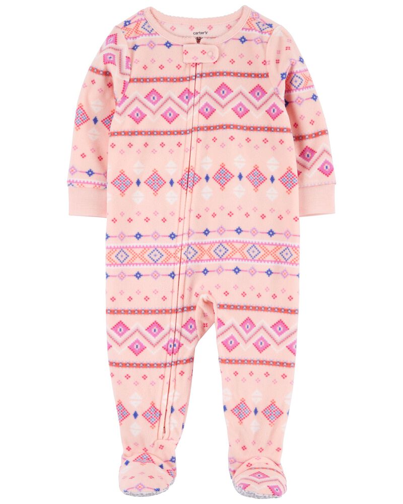Baby 1-Piece Fleece Pink Fair Isle Sleeper, image 1 of 4 slides