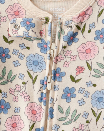 Baby Girl Floral 100% Cotton Snug Fit 2-Way Zip Footie 1-Piece Pyjamas - Ivory, 