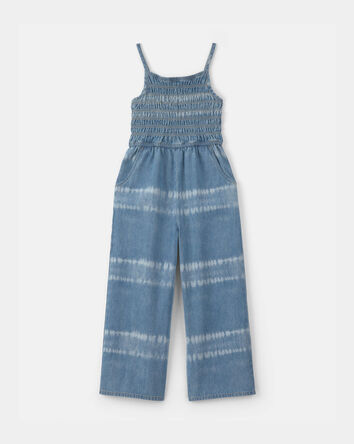 Girls Tie-Dye Smocked Denim Wide-Leg Jumpsuit - Medium Wash, 