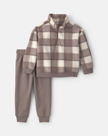 Toddler Boy 2-Piece Checkered Fleece Long-Sleeve Top & Pant Set - Grey/White, 