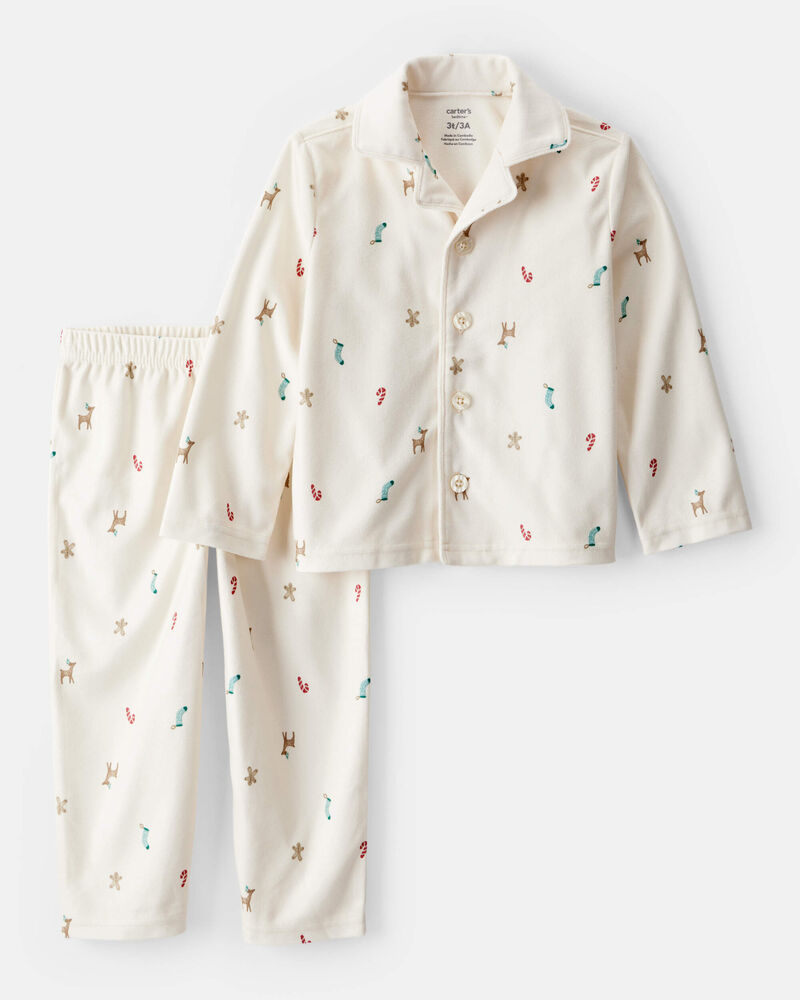 Toddler Christmas Print Fleece Long-Sleeve Loose Fit 2-Piece pyjamas - White, image 1 of 3 slides