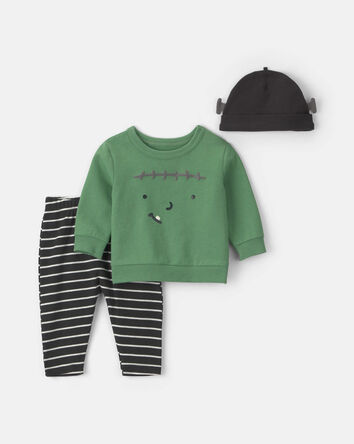 Baby 3-Piece Halloween Monster Top & Pant Set - Green/Black, 