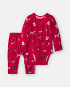 B&eacute;b&eacute; - Ensemble 2 pi&egrave;ces PurelySoft cache-couche manches longues et pantalon &agrave; th&egrave;me No&euml;l &ndash; Rouge, image 1 sur 5 diapositives