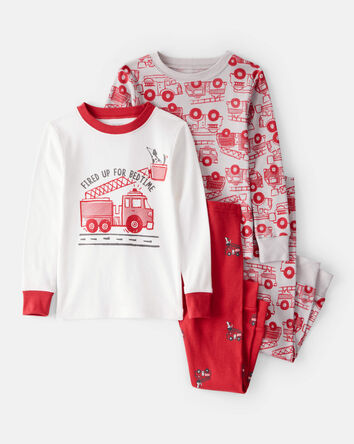 Toddler Firetruck Print 100% Cotton Long-Sleeve 4-Piece Pyjamas - Red/White, 
