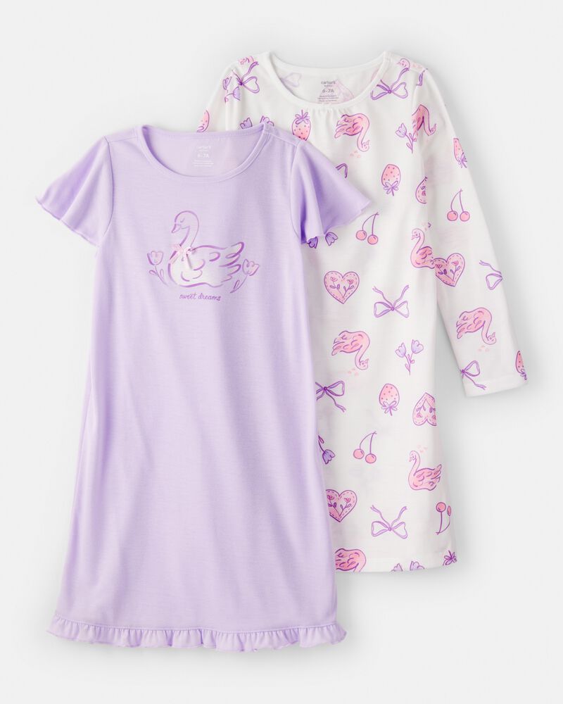 Girls Swan Floral Loose Fit Night Gown - Purple/White, image 1 of 5 slides