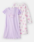 Girls Swan Floral Loose Fit Night Gown - Purple/White, image 1 of 5 slides