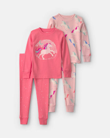Toddler Girl 4-Piece Unicorn 100% Cotton Snug Fit Pyjama Set - Coral/Pink, 