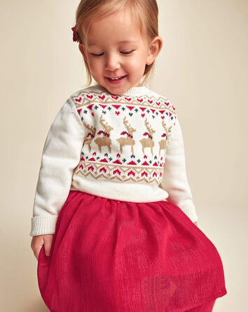 Toddler Girl Reindeer Fair Isle Sweater - Cream, 