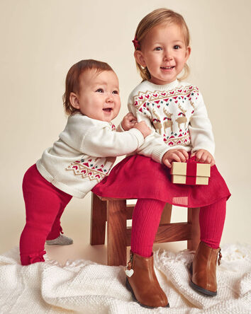 B&eacute;b&eacute; fille - Ensemble 2 pi&egrave;ces haut manches longues jacquard &agrave; motif renne et pantalon - Rouge/Cr&egrave;me, 