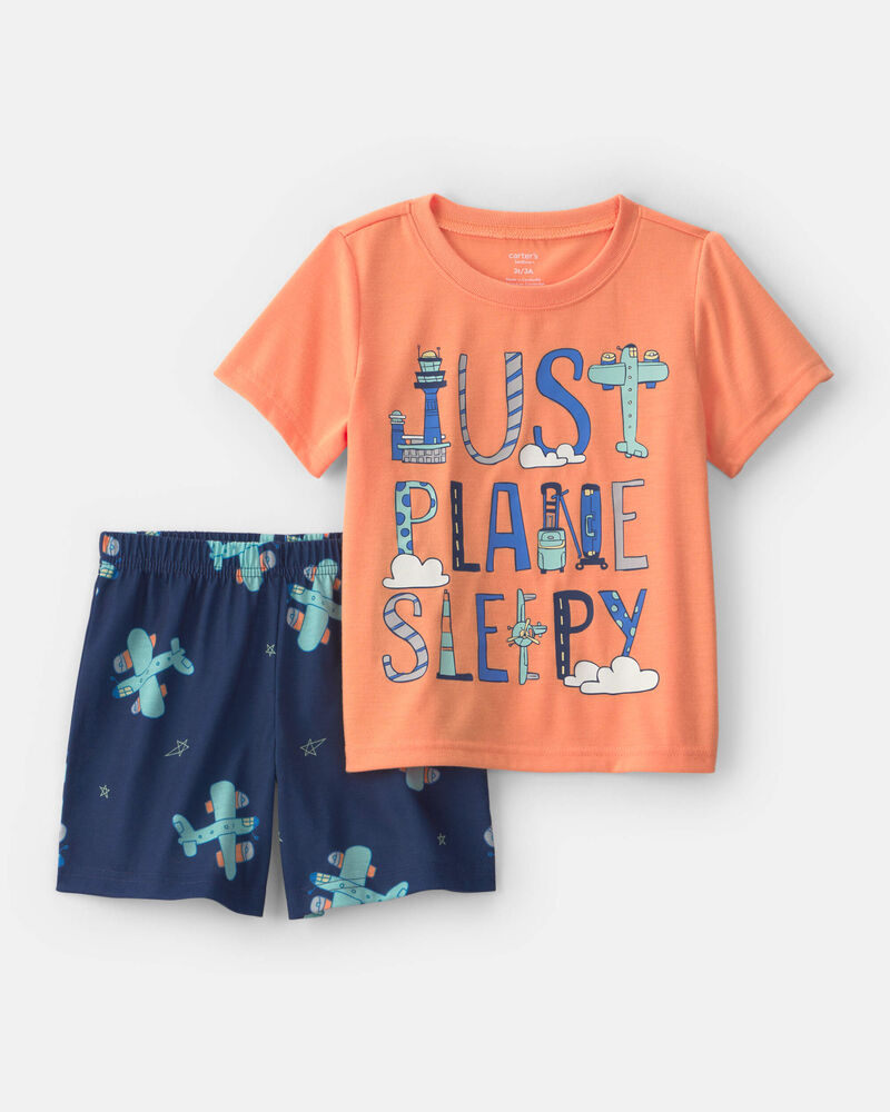 Toddler Boy Airplane Short-Sleeve Loose Fit 2-Piece Pyjama Set - Orange/Blue, image 1 of 4 slides