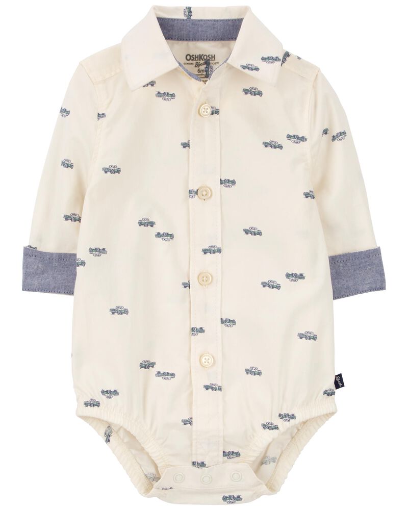 Baby White Truck Print Button-Front Bodysuit, image 1 of 4 slides