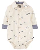 Baby White Truck Print Button-Front Bodysuit, image 1 of 4 slides