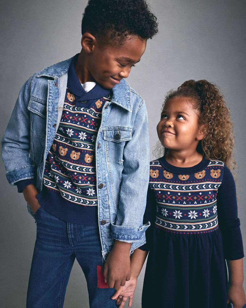 Toddler Girl Bear Fair Isle Long-Sleeve Dress - Navy Blue, image 4 of 7 slides