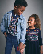 Toddler Girl Bear Fair Isle Long-Sleeve Dress - Navy Blue, image 4 of 7 slides