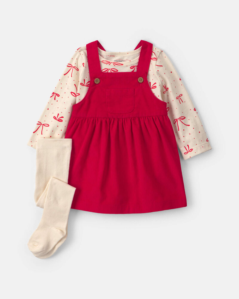 Baby Girl 3-Piece Bow Corduroy Long-Sleeve Dress Set - Red, image 1 of 6 slides