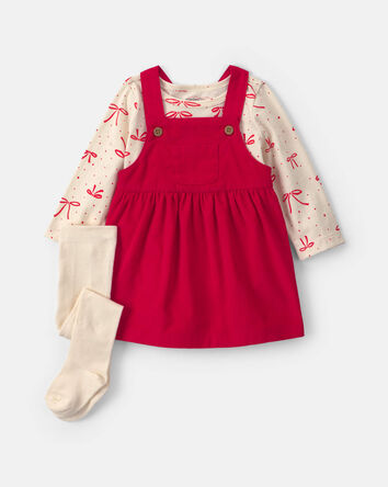 Baby Girl 3-Piece Bow Corduroy Long-Sleeve Dress Set - Red, 